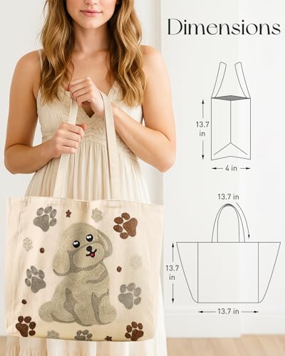 Miss Adola Embroidery Tote Bag with Pocket & Buckle - Reusable Canvas Tote for Women Cute Aesthetic Work Shopping Grocery Bag - style: Dog