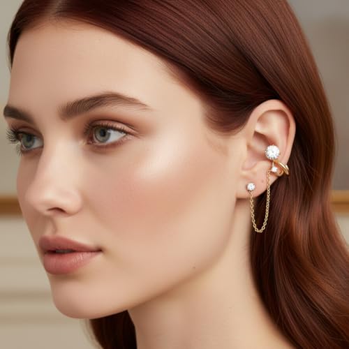 A Pair of 14K Gold Plated Chain Ear Cuff Earrings for Women - 316L Surgical Steel Post Hypoallergenic, Cubic Zirconia Crystal Tassel Drop Dangle Crawler, Non-Slip Cartilage Clip On Jewelry Gifts