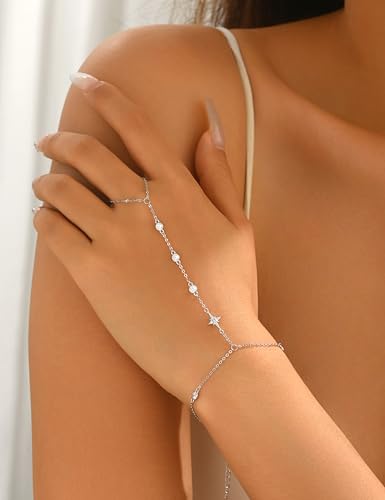 925 Sterling Silver Hand Chain Bracelet for Women,Non Tarnish 14k Gold Plated CZ Crystal Heart Starburst Ring Bracelets Hand Chain Dainty Diamond Layered Stackable Link Chain Beach Waterproof Graduation Wedding Gifts - color: SilverB