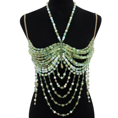 Handmade Beads Body Chain, Mermaid Top Rave Outfit Body Jewelry, Mermaid Costume, Beaded Bra Bralette Bead Waist Body Jewelry for Women for Boho Festival Clubbing - color: green
