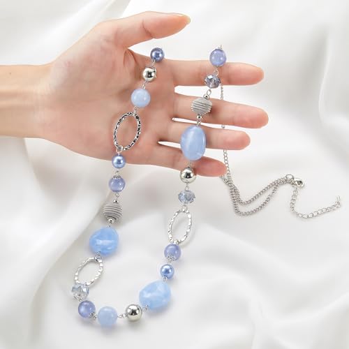 BULINLIN Beaded Long Necklace for Women Silver Sweater Chain Necklace with Crystal Resin Beads, Fashion Jewelry Necklace - color: Light blue