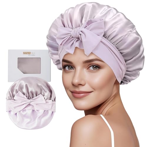 ZIMASILK 100% Mulberry Silk Bonnet for Sleeping Women Long Hair Double Layer Silk Hair Wrap with Tie Band Stay On Head (1Pc, Purple) - color: Purple