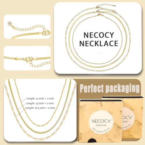 NECOCY 14K Gold Plated Layered Necklace for Women, Dainty Chain Necklace Stackable Trendy Cuban Link Rope Snake Chain Choker Simple Chunky Herringbone Necklace Stack Jewelry Set Gift for Women - style: 3PCS Layered-A
