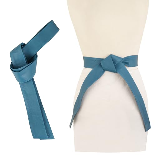Woman's Obi Sash Tie Plus Size Waist Band Wide Solid Color Genuine Leather Belt - color: Sky Blue