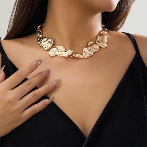 Chunky Chain Necklaces Women Statement Collar Necklace Gold Flat Snake Chain Choker Ribbed Design for Party, Dress Jewelry Gifts - color: A10