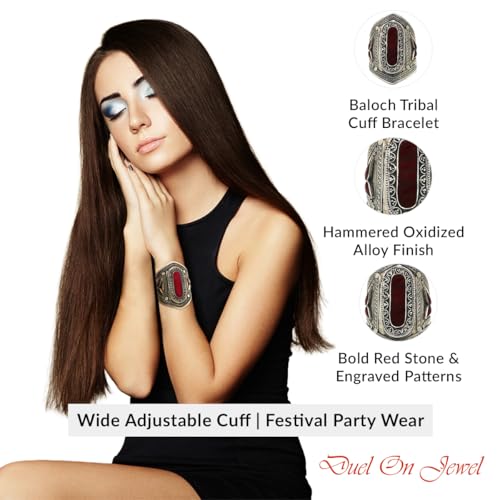 Duel On Jewel Afghan Baloch Tribal Wide Adjustable Cuff Bracelet for Women, Handmade Oxidized Alloy Wrist Cuff with Engraved Kuchi Inspired Design, Statement Bohemian Festival Jewelry, 0.8 to 3.5 Inch - style: Baloch Garnet Red