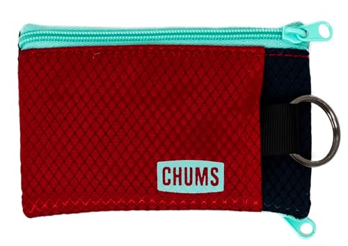 Chums Surfshorts Wallet - Solid Colors Collection, Lightweight Slim Wallet with RFID Blocking Card & Clear ID Window - Zippered Minimalist Wallet w/Key Ring - color: Brick/Navy