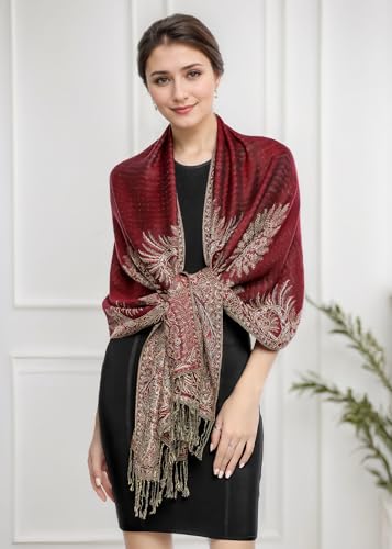 Achillea Reversible Paisley Pashmina Rave Scarf – Exotic Indian Shawls and Wraps for Evening Dresses, Festivals, All Seasons - color: Big Paisley Burgundy