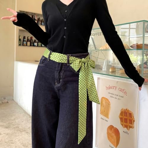 Long Thin Skinny Scarf Satin Neckerchief Ribbon Tie Waist Belt for Women - color: Dot Light Green