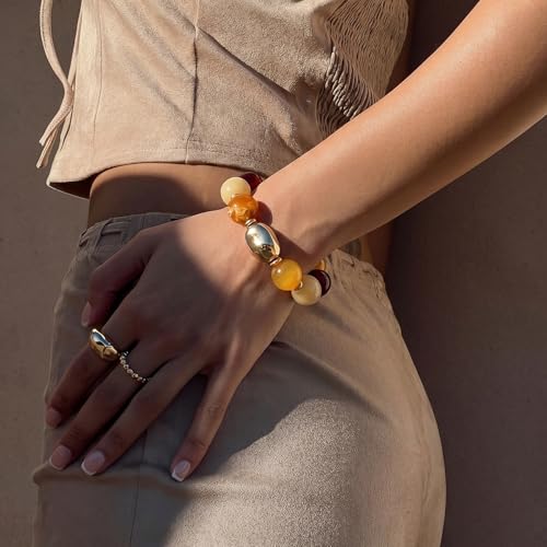 Multicolor Chunky Beaded Bracelet for Women Bold Acrylic Resin Stretch Bracelet Summer Beach Statement Bracelets Trendy Elastic Bangle Jewelry - color: Chunky bead bracelet-multi brown