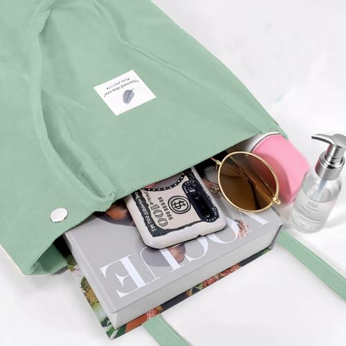 Corduroy Tote Bag for Women Small Canvas Shoulder Purse Cord Handy Bag with Inner Pocket | with Front Pocket - color: 02 Pea Green