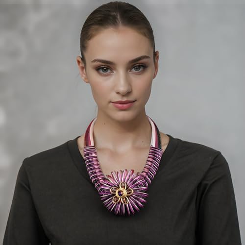 Ethnic Crystal Rhinestone Pendant Necklace Earrings Set Women Handmade Tribal Collar Choker Chunky Metal Bib Rope Chain African Statement Jewelry Set - color: NXR1418-purple