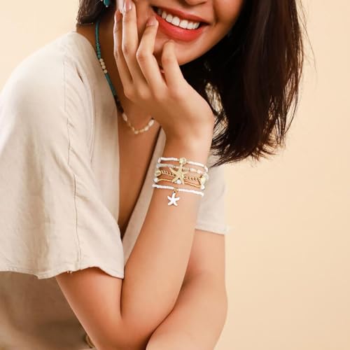Shell Bracelet Seashell Boho Beaded Stretch Bracelets for Women Summer Beach Bracelets Starfish Charm Bracelet Stackable Gold Plated Bracelets Set for Women - color: h-gold 2
