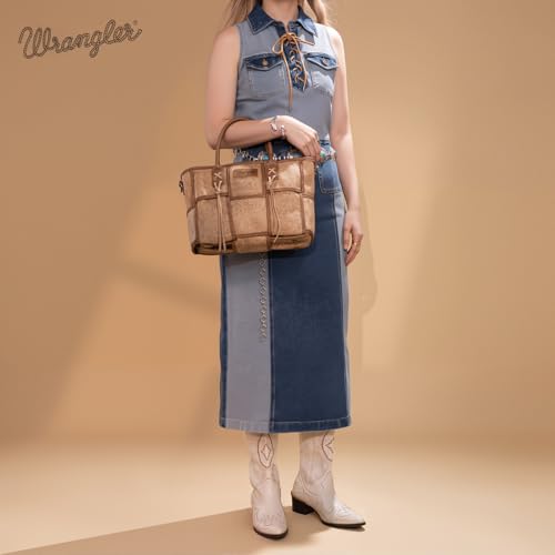 Montana West Wrangler Woven Tote Bag for Women Western Floral Tooled Purses and Handbags - color: Floral Tooled Tan