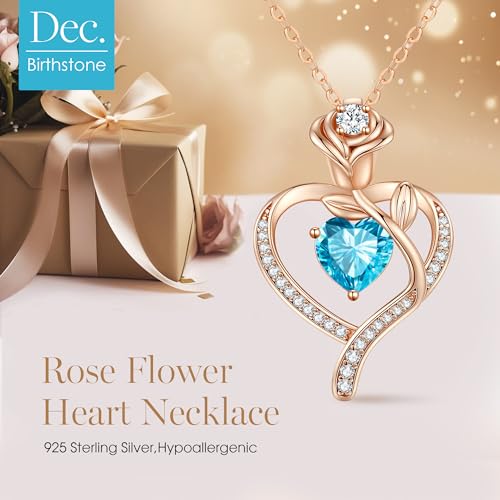 LOUISA SECRET Rose Flower Heart Birthstone Necklaces for Women, 925 Sterling Silver Jewelry, Pendant Heart Necklaces Birthday Anniversary Christmas Gift for Women Wife Mom Girlfriend Lady - color: Rose Gold-12-Dec