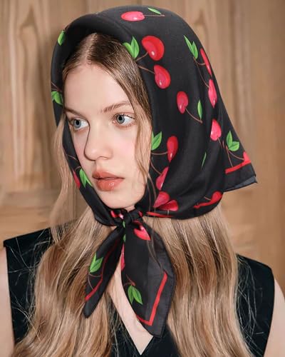 AWAYTR 27.5” Square Satin Head Scarf Hair Scarf for Women's Hair Silk Bandana for Women Silk Head Wrap for Sleeping - color: Black+cherry