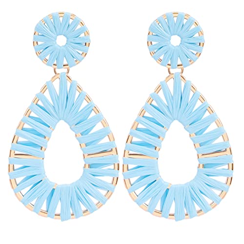 Raffia Teardrop Dangle Earrings Handmad Statement Drop Earrings - color: Light Blue