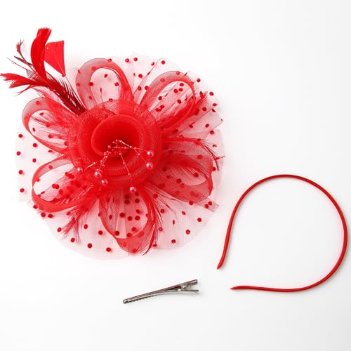 Fascinators Hat Pearl Earrings Necklace Bracelets Gloves 1920s Headband Hair Clips Women Flower Mesh Feather Headpiece Headwear Halloween Carnival Cocktail Wedding Tea Party Accessories Red - color: Red