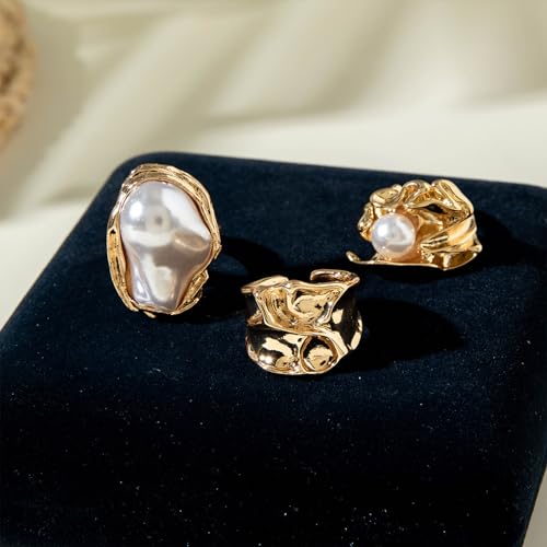 Chunky Gold Rings for Women Non Tarnish Statement Flower Ring Baroque Pearl Stackable Rings Set 6Pcs Chunky Jewelry - color: Gold 5