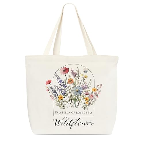 Floral Tote Bag, Spring Canvas Bag For Women, Wildflower, 16.55" x 13.7", Reusable Grocery Shoulder Bag, Gift For Women, Adults