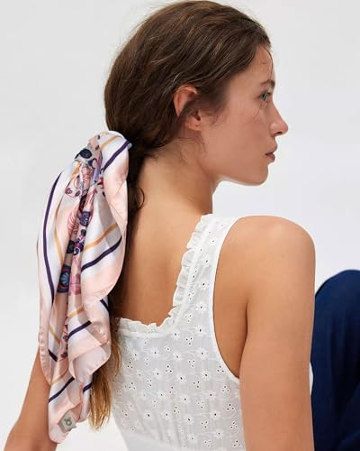 AWAYTR 27.5” Square Satin Head Scarf Hair Scarf for Women's Hair Silk Bandana for Women Silk Head Wrap for Sleeping - color: Cashew Print (Pink)