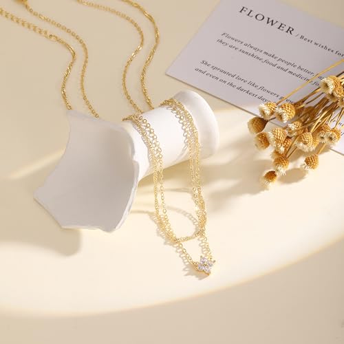 CAROVO Gold Necklace for Women Dainty 14K Gold Plated Choker Cross Flower Cubic Zirconia Necklaces Simple Layered Gold Chain Trendy Jewelry Gifts for Women - style: B:Layered Flowet CZ Necklace
