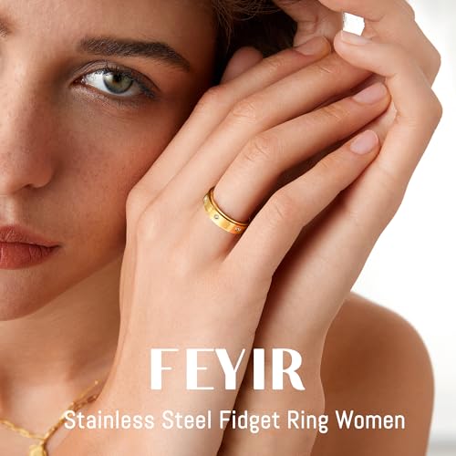 FEYIR 8 Pcs Fidget Rings for Women Anxiety Spinner Stainless Steel CZ Band Ring Spinning Rings Set for Anxiety - color: 9pcs-Gold