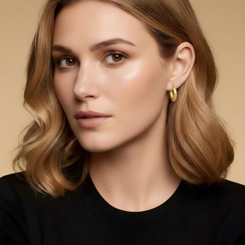 Gold Plated Hoop Earrings for Women 14K Gold Plated Earrings for Women Hypoallergenic Lightweight Wrinkle Texture Earrings Womens 20mm/25mm/30mm - size: 20mm