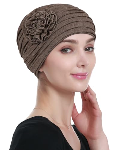 Alnorm Flower Design Chemo Hair Loss Caps Cancer Headwear for Women - color: Hemp Camel