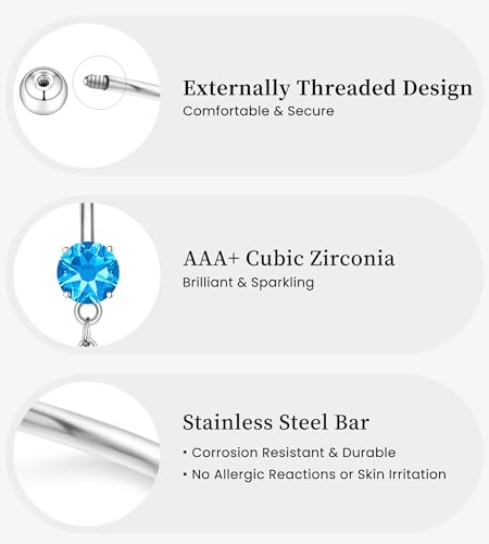 BSJ4U 8Pcs Gold Pink Silver Belly Button Ring Dangle Navel Belly Piercing Jewelry Cute CZ Butterfly Heart Flower Bow Navel Belly Rings for Women 14G Hypoallergenic Surgical Stainless Steel Dainty Dangling Dangly Belly Button Piercing Pack - color: Blue Be