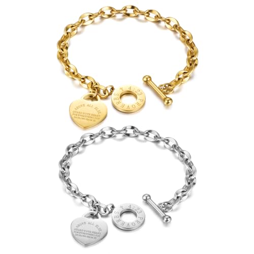 Emibele Heart Charm Bracelet for Women, Bible Verse Bracelet Stainless Steel 18K Gold Plated Bracelet Love Pendant Link Chain OT Clasp, Birthday Christmas Jewelry Gift for Mother Her - color: Gold & Silver