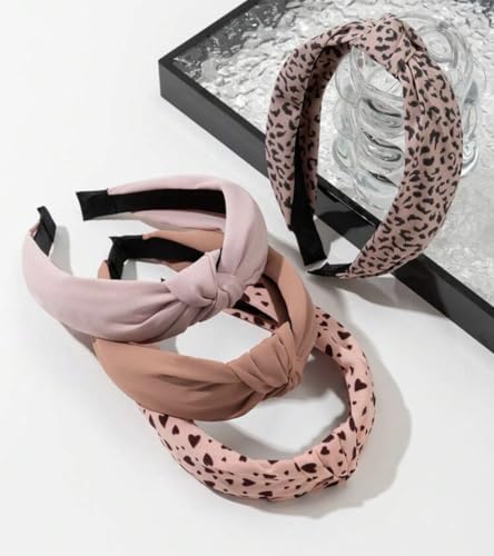 Knotted Fashion Hairbands for Women - Non-Slip Wide Hair Hoops, Cute Top Knot Headbands for Girls (Pink Heart Leopard Print) - color: Pink Heart Leopard Head Band