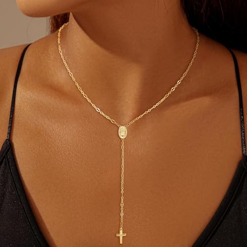 CHESKY Long Necklaces for Women, 14k Gold Plated/Streling Silver Lariat Necklace Dainty Statement Prom Necklace Rosary Cross Sun Drop Pendant Dangle Necklace Gold Prom Jewelry for Women Gifts - style: y necklace 01