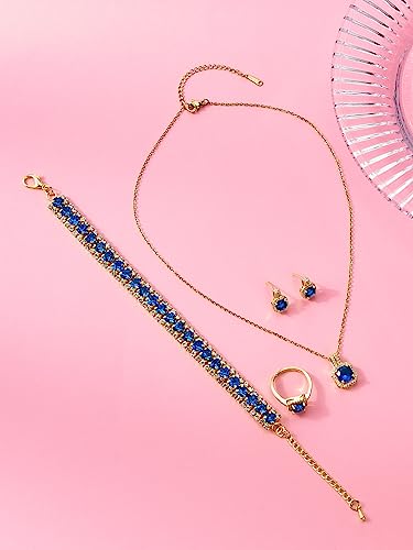 Paxuan 4pcs Cubic Zirconia Wedding Jewelry Sets for Bride Bridesmaid Cubic Zirconia Pendant Necklace Earrings Link Tennis Bracelet Open Ring Set for Women - color: Gold Plated Sapphire Cubic Zirconia