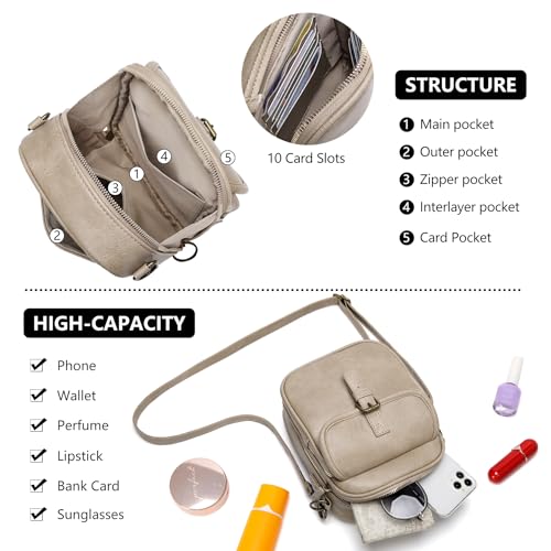 Small Crossbody Bags for Women Vegan Leather Messenger Purses, Vintage Wallet Anti Theft Shoulder Handbags with Card Slots - color: Retro Beige Gray