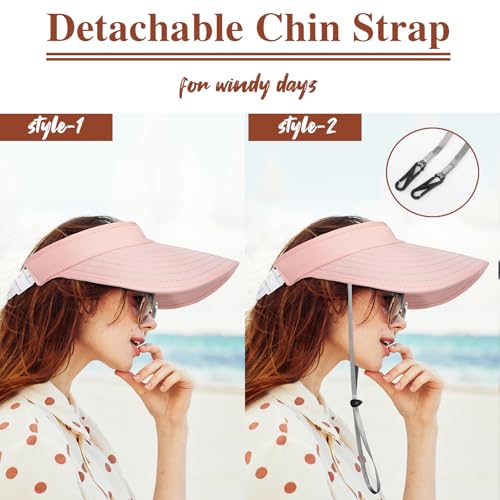 Sun Hats for Women - Wide Brim Sun Visor Hat for Women, UPF50+ Lightweight Foldable Ponytail Sports Cap - color: Pink