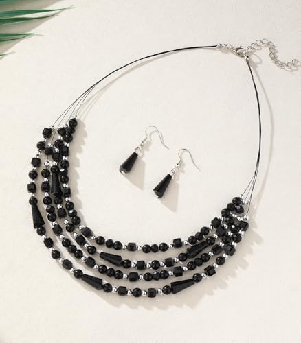 Errally Layered Beaded Statement Necklace Multi Strand Crystal Beads Collar Necklace and Earring Sets for Women Fashion Costume Jewelry Set Gifts for Her - color: Black