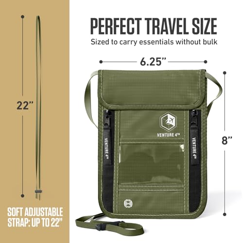 VENTURE 4TH Neck Wallet – RFID Blocking Passport Holder for Travel, Hidden Passport Wallet, Concealed Travel Wallet for Women, Men & Family (Green) - color: Green