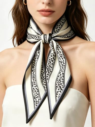 kcctoo 59" Mulberry Silk Like Head Scarf Women's Fashion Square Neck Satin Scarfs for Bag Hair Scarves Gift 59 * 5.9” - color: B008-cream Leopard Stripe Scarf