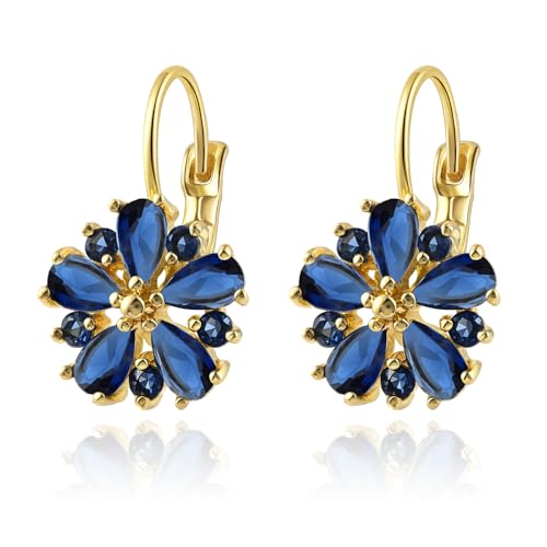 Vintage 14K Gold Plated Flower Birthstone Earrings - Hypoallergenic Leverback Floral Earrings, Trendy Jewelry Gifts for Women - color: Sapphire