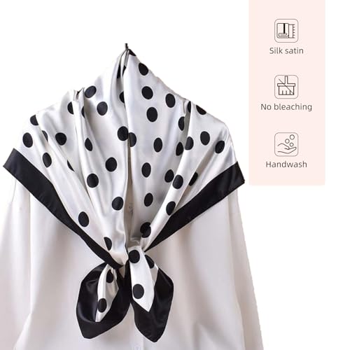 35” Satin Large Square Head Scarves-Like Silk Satin Scarf for Hair Wrapping at Night Bandana Square Scarf for Sleeping - color: Big Polka Point-white