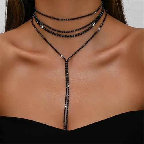 Boho Layered Necklaces for Women Fashion Y Long Neckalce Statement Long Sweater Chain Necklace Black Shiny Choker Necklace Wedding Bridal - color: Style-C