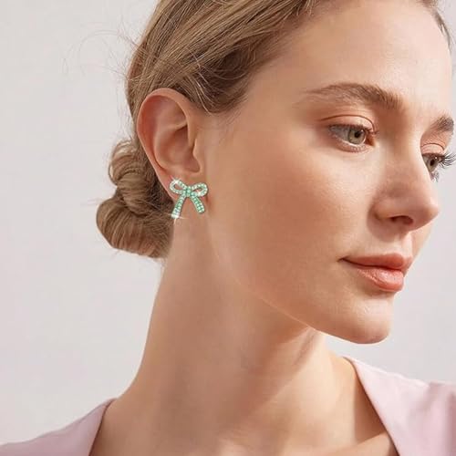Rhinestone Bow Earrings for Women, Elegant Bridal Jewelry Statement Drop Dangle Earrings, Wedding Guest Dress Matching Accessories, Bridesmaid Gift, Sparkling Party Costume Outfit - color: A7:Green Bow Stud Earrings
