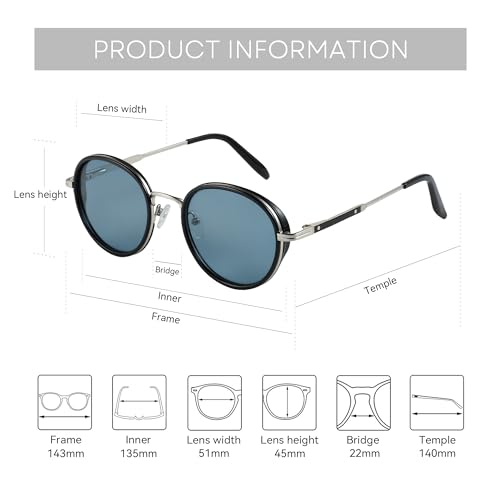 ZENOTTIC Retro Round Polarized Steampunk Sunglasses for Men Women-Circle Vintage Design Metal Frame UV400 Shades - color: C06 Silver Frame Blue Lens