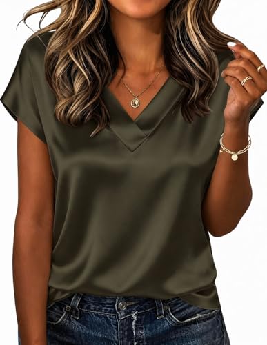 Zeagoo Women Silk Satin Tops Cap Short Sleeve Blouse V Neck Shirts Business Casual Outfits S-2XL - color: Army Green, size: Small