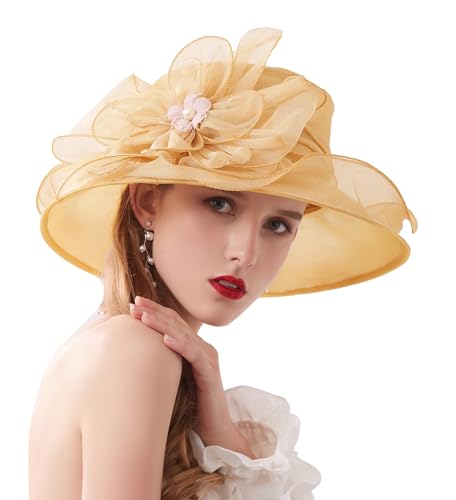 ORIDOOR Women’s Organza Church Tea Party Wedding Fascinator Derby Hat Wide Brim Sun Hats - color: C6-gold