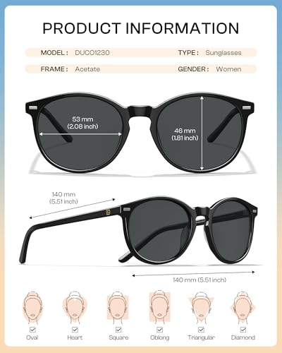 DUCO Women's Trendy Retro Round Acetate Polarized Sunglasses, UV400 99% Glare Block, Lightweight for Daily & Outdoor - color: 7. Black Frame Grey Lens