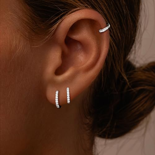 Poxtex Small Sterling Silver Huggie Hoop Earrings Set for Women, Hypoallergenic 14K Gold Plated Hoops Stacks for Multiple Piercings, Dainty Cute Mini Lightweight Cartilage Studs Trendy Jewelry Gift - color: Silver-cz hoops 8 10 12