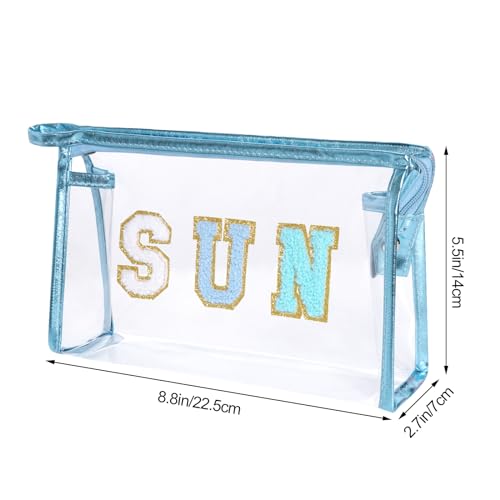 Clear Preppy Patch Makeup Bag, Sun Chenille Letter Bag for Beach, Pouch With Zipper, Travel Cosmetic Toiletry Bag for Women Girls Teens (Blue) - color: Blue