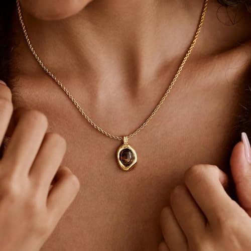 Natural Tiger Eye Necklace, Gold Stone Pendant Necklace, Vintage Gemstone Jewelry, Chunky Statement Wedding Prom Minimalist Boho Necklace